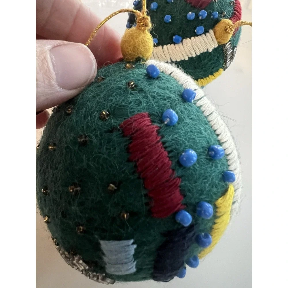 West Elm Teal Embroidered Beaded Felt ball ornament Christmas LOT OF 3